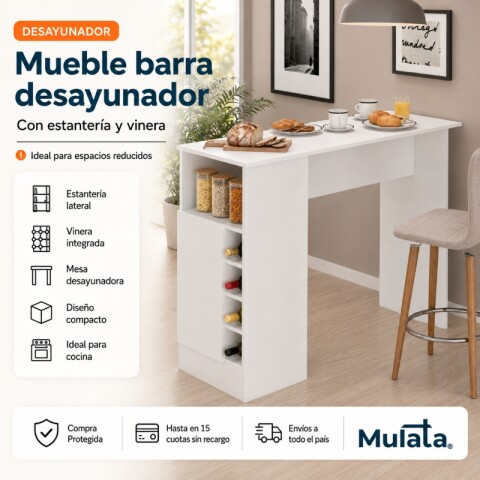 Mueble Barra Desayunador con Estantería y Vinera - MDP Blanco