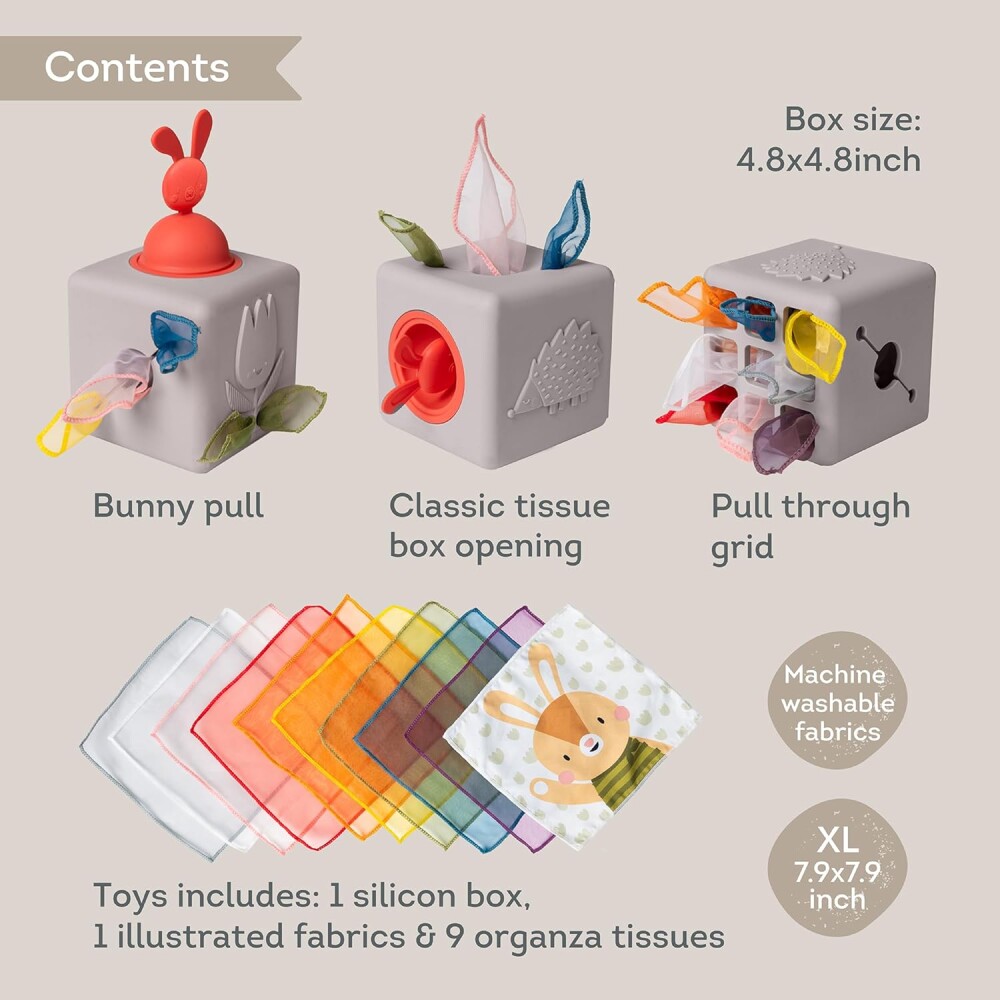Caja de trapitos silicona Pop-up taf toys Caja de trapitos silicona Pop-up taf toys