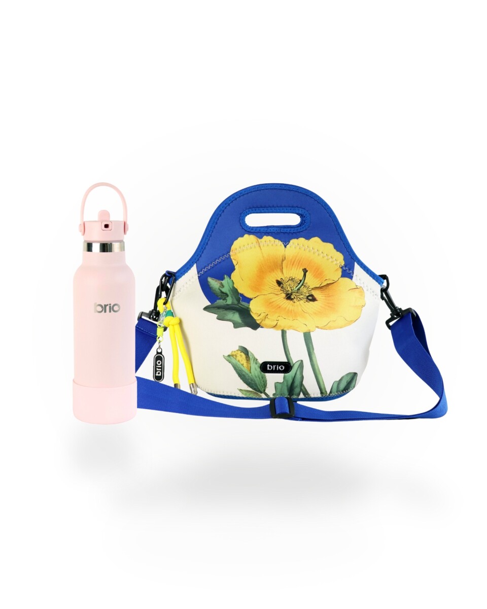 Set de lunchera Big de neopreno con correa ajustable y botella de acero inoxidable 500ml brio - set fiore/rosa 