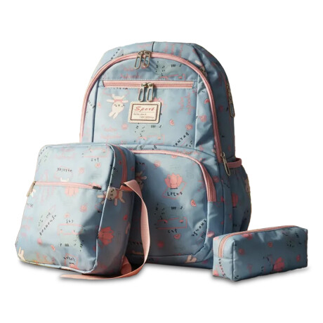 Set Mochila 3 Piezas Diseño Animalitos Escolar Resistente Celeste