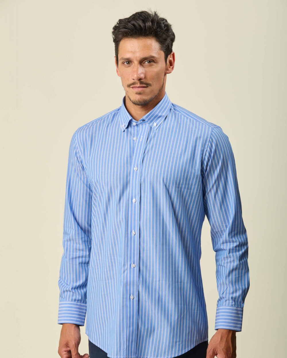 Camisa Sport Algodón Manga Larga Celeste Raya Blanca