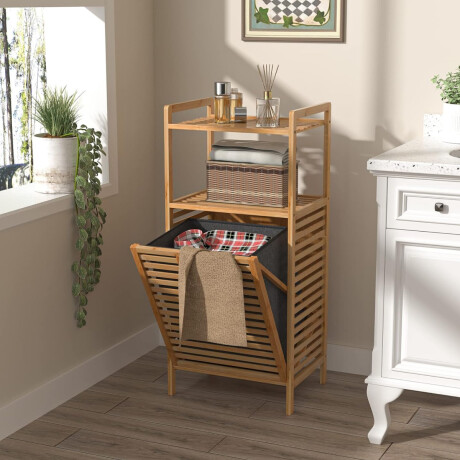Estanteria con cesto de ropa bambú con 2 estantes - 39x30x95cm Sc