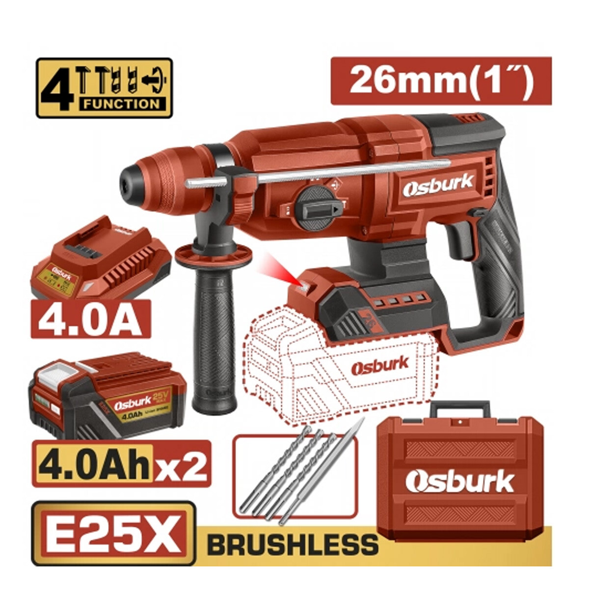 ROTOMARTILLO A BATERIA 25V E25X 26MM 1+ 3 MECHAS + CINCEL + 2 BAT 4.0AH + CARGA 