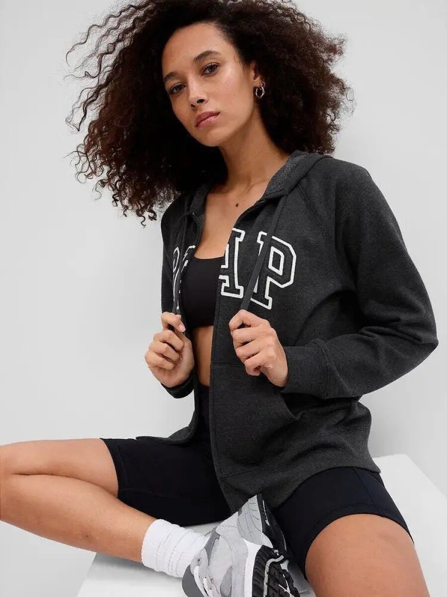 Buzo Canguro Con Cierre Logo Gap Mujer - Charcoal Heather 
