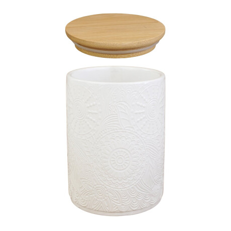 Recipiente de ceramica labrado con tapa de bamboo Recipiente de ceramica labrado con tapa de bamboo