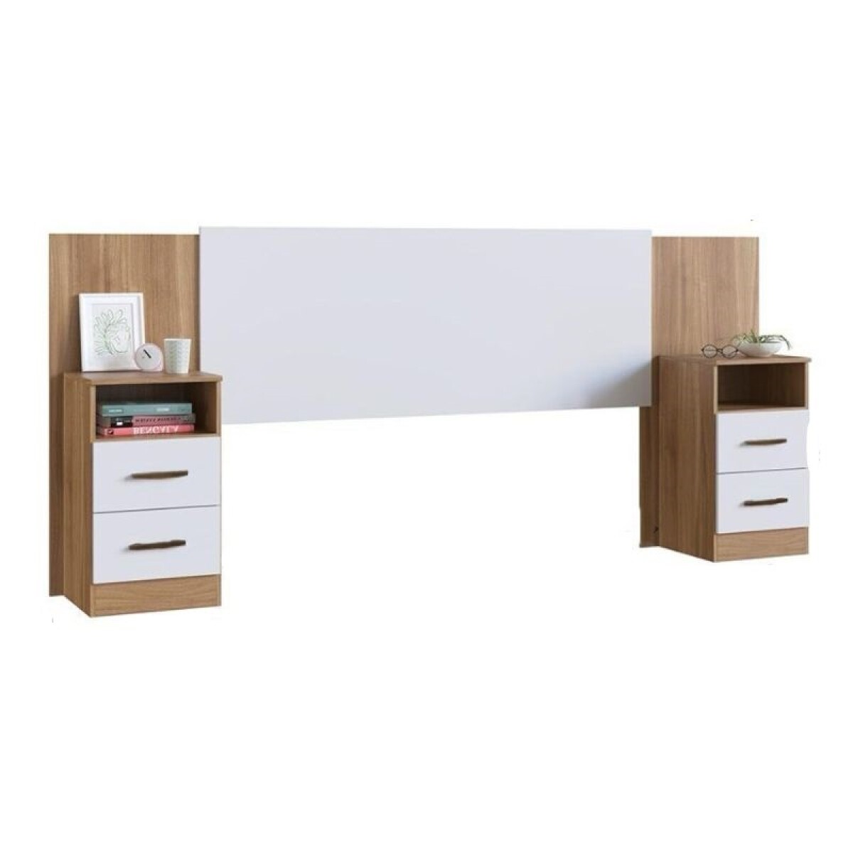 RESPALDO 2 PLAZAS + 2 MESA DE LUZ - BLANCO/NOGAL 