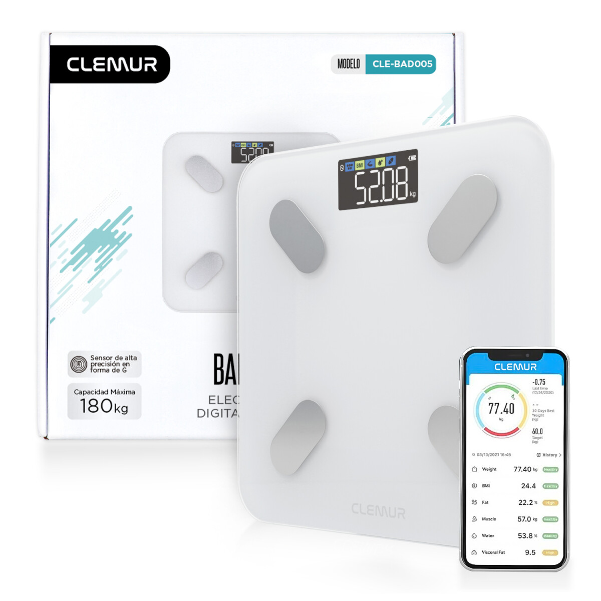 Balanza De Baño Inteligente App Bascula Monitor Medicion Conexion Digital 180 Kg Imback Color Blanco 