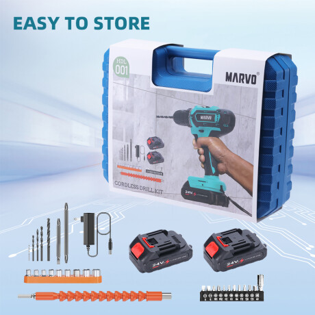 TALADRO MARVO HDL-001 INALAMBRICO RECARGABLE AZUL-NEGRO