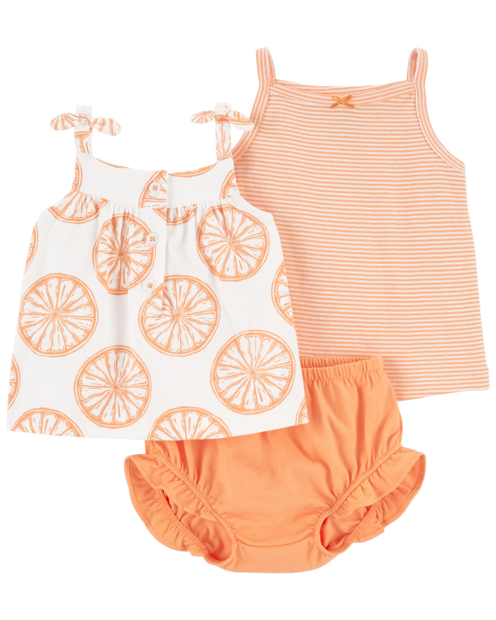 Set tres piezas de algodón, short y dos musculosas, diseño naranjas Sin color