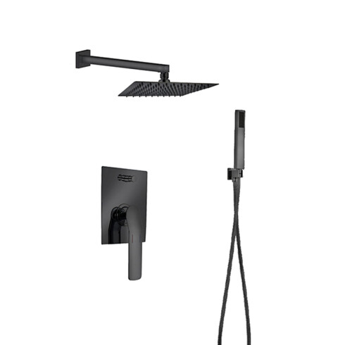 DUCHA DE EMBUTIR NEGRO MATE CON TRANSFERENCIA, TELEFONO, SOPORTE, ROSETA, BRAZO NEGRO