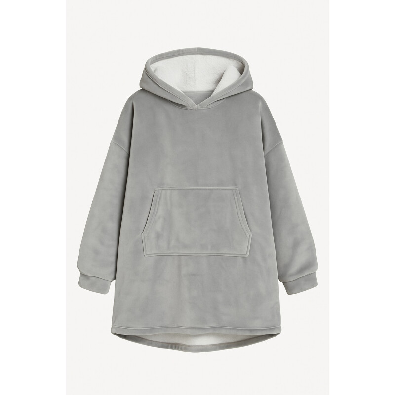 Buzo Manta Con Capucha Polar y Corderito unisex Gris Claro