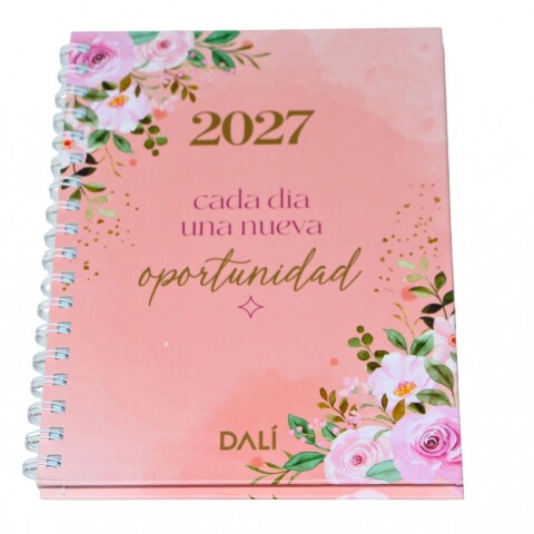 AGENDA DALI 2027 CON ESPIRAL SEMANA A LA VISTA TAPA CON DISEÑO Y STICKERS TAPA CADA DIA UNA NUEVA OPORTUNIDAD