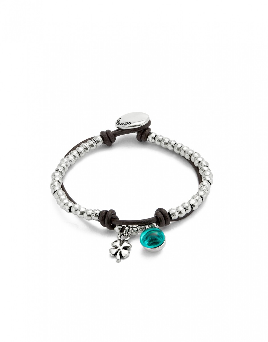 PULSERA DE BOLAS EN ALEACIÓN DE METALES BAÑADAS EN PLATA DE LEY CON CUERO Y CRISTAL DE MURANO VERDE - Pulsera 