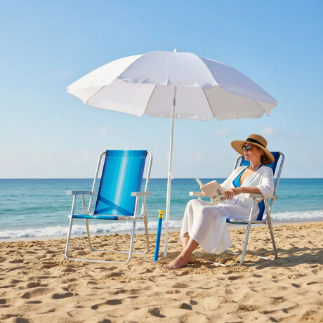 Set Sillas x2 Alum 120Kg + Sombrilla + Saca Arena Playa MOR Celeste/azul