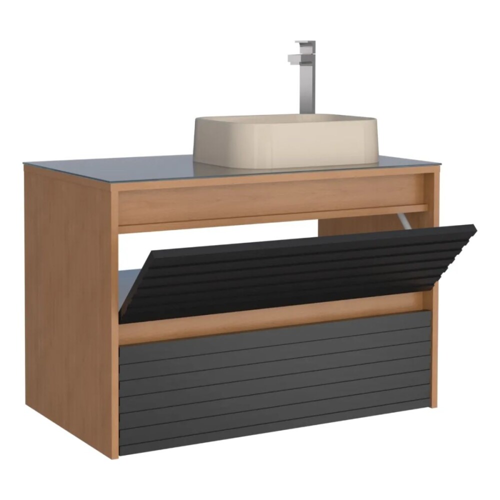 Mueble de baño Osaka Negro con tapa de vidrio y bacha de loza Mueble De Baño Osaka Negro Con Tapa De Vidrio Y Bacha De Loza