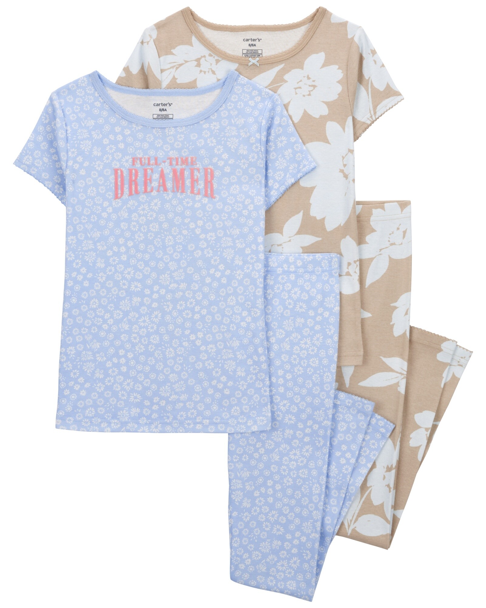 Pijama cuatro piezas de algodón, dos pantalones y dos remeras, tonos azul y beige, diseño floral. Talles 6-10 Sin color