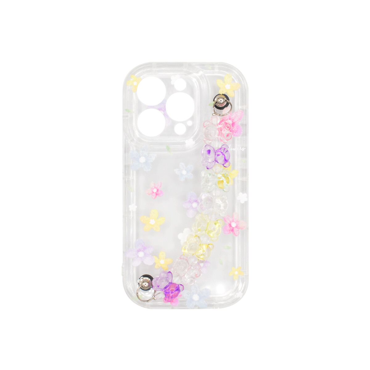 Protector iPhone 15 Pro diseño flores con correa de mano 