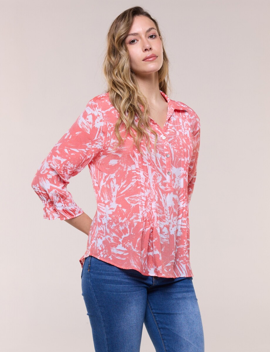 Blusa Estampada Pincelada Con Alforzas - Coral 
