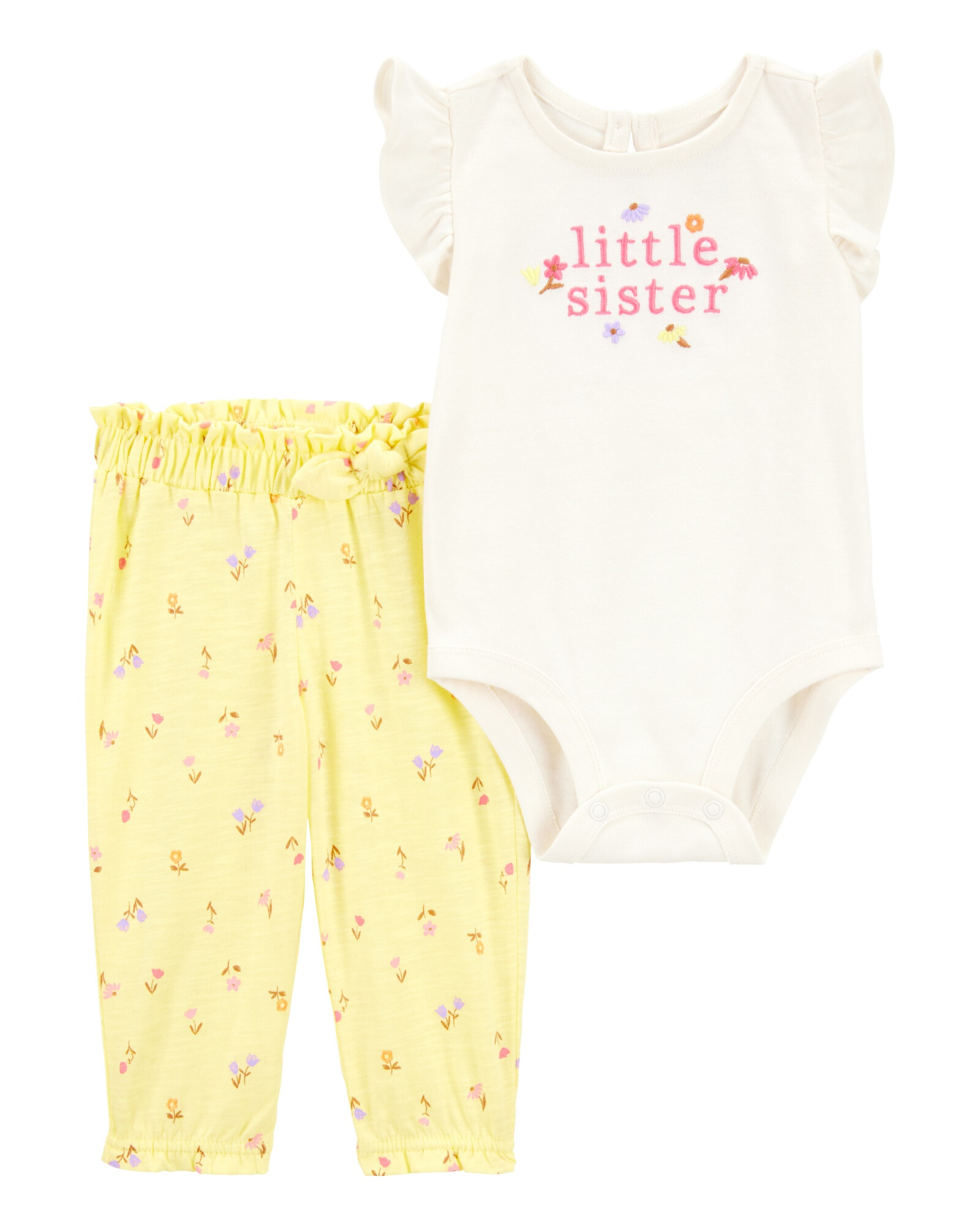 Set dos piezas de algodón, pantalón y body, diseño floral Set dos piezas de algodón, pantalón y body, diseño floral