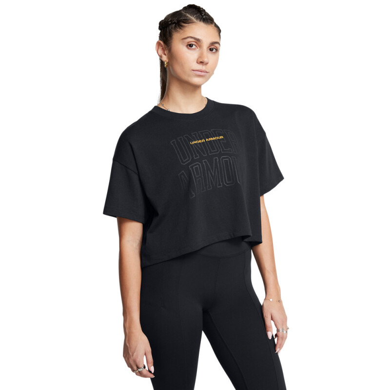 UA W VARSITY MIX HW SS CROP-GRY BLK-001