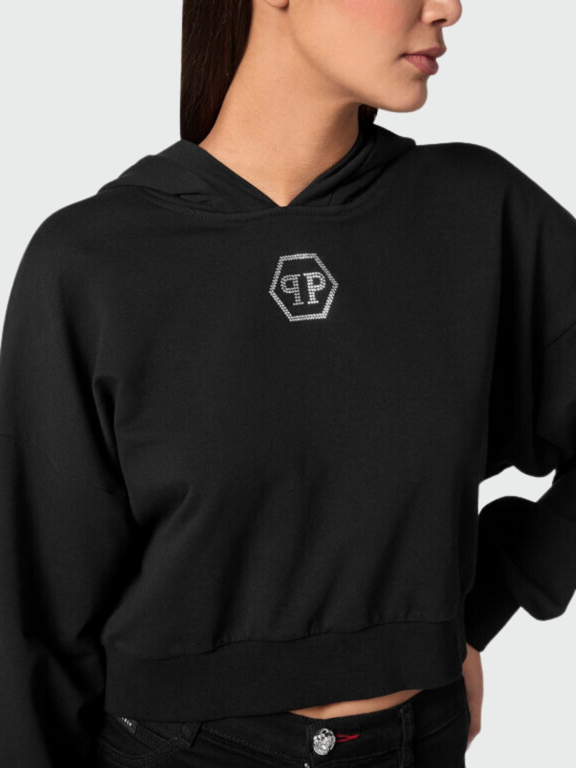 PHILIPP PLEIN - Sudadera corta c/capucha Cristales Hexágono Negro