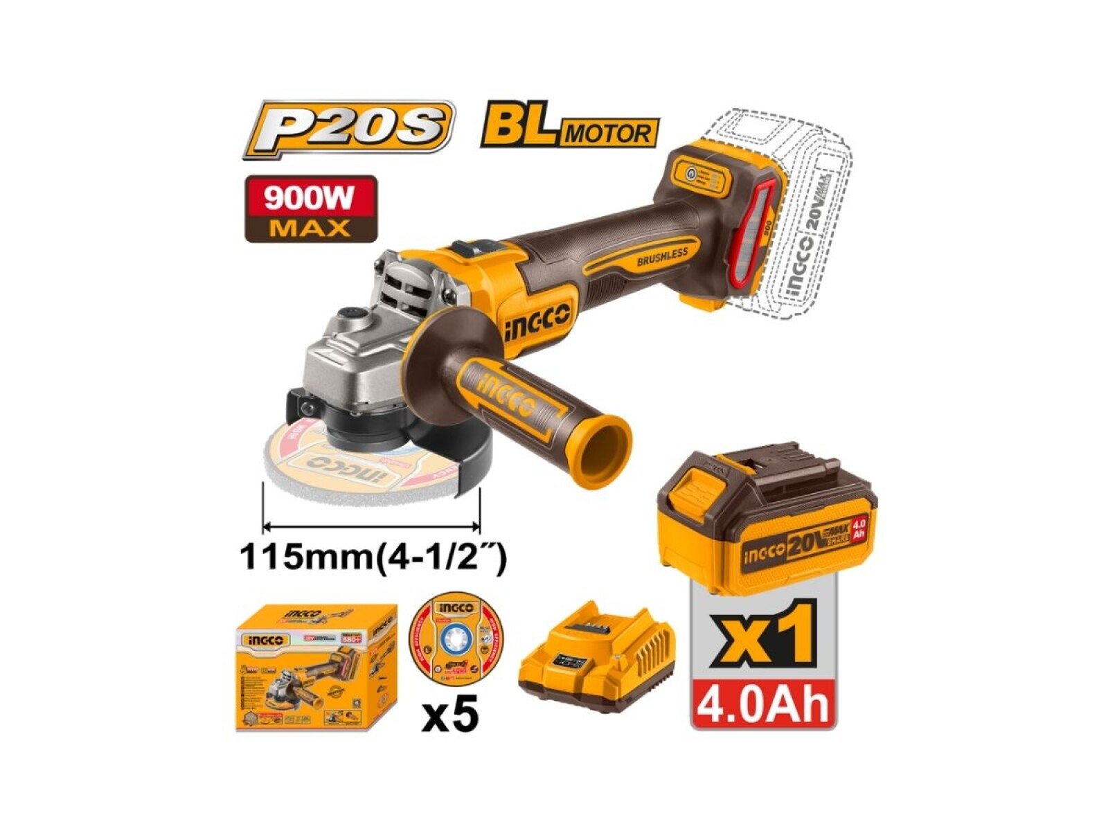 AMOLADORA ANGULAR 115MM A BATERIA P20S 20V BRUSHLESS + 5 DISCOS + BAT 4.0AH + CARGADOR 