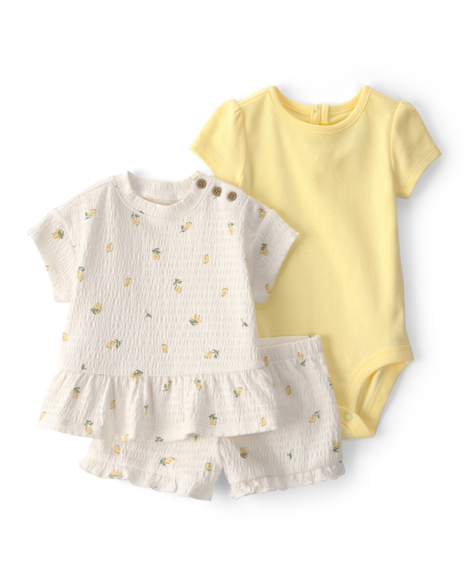 Set tres piezas de algodón, short y remera texturados más body diseño limones 