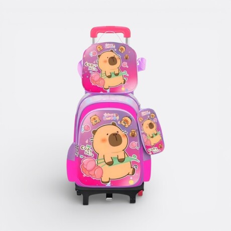 Mochila Escolar Con Carrito + Lonchera + Cartuchera Capibara Rosa