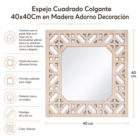 Espejo Cuadrado Colgante 40x40Cm Madera Adorno Decoración Natural