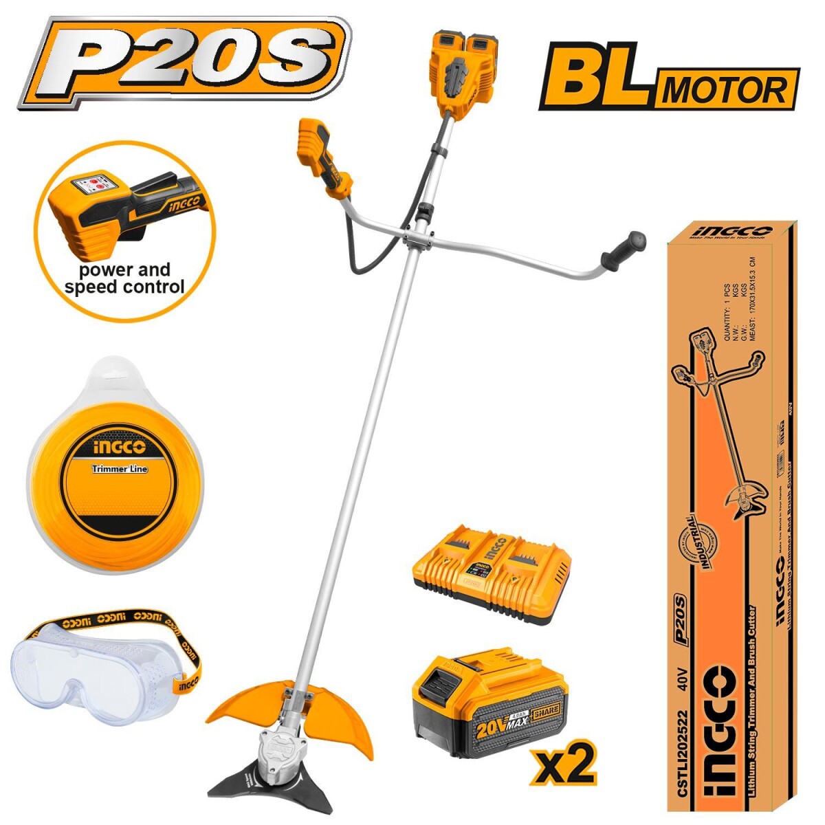 DESMALEZADORA P20S BATERIA 20V C2BAT 4AH CARGADOR INGCO - AMARILLO-NEGRO 