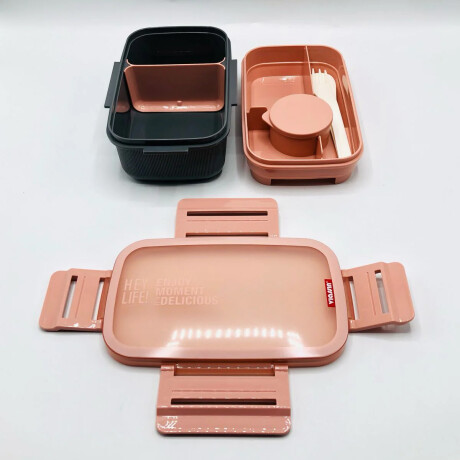 Vianda doble piso con cubiertos, division y tapa Rosado