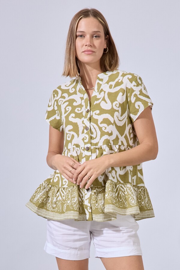 Blusa Lino Arabescos OLIVA/MULTI