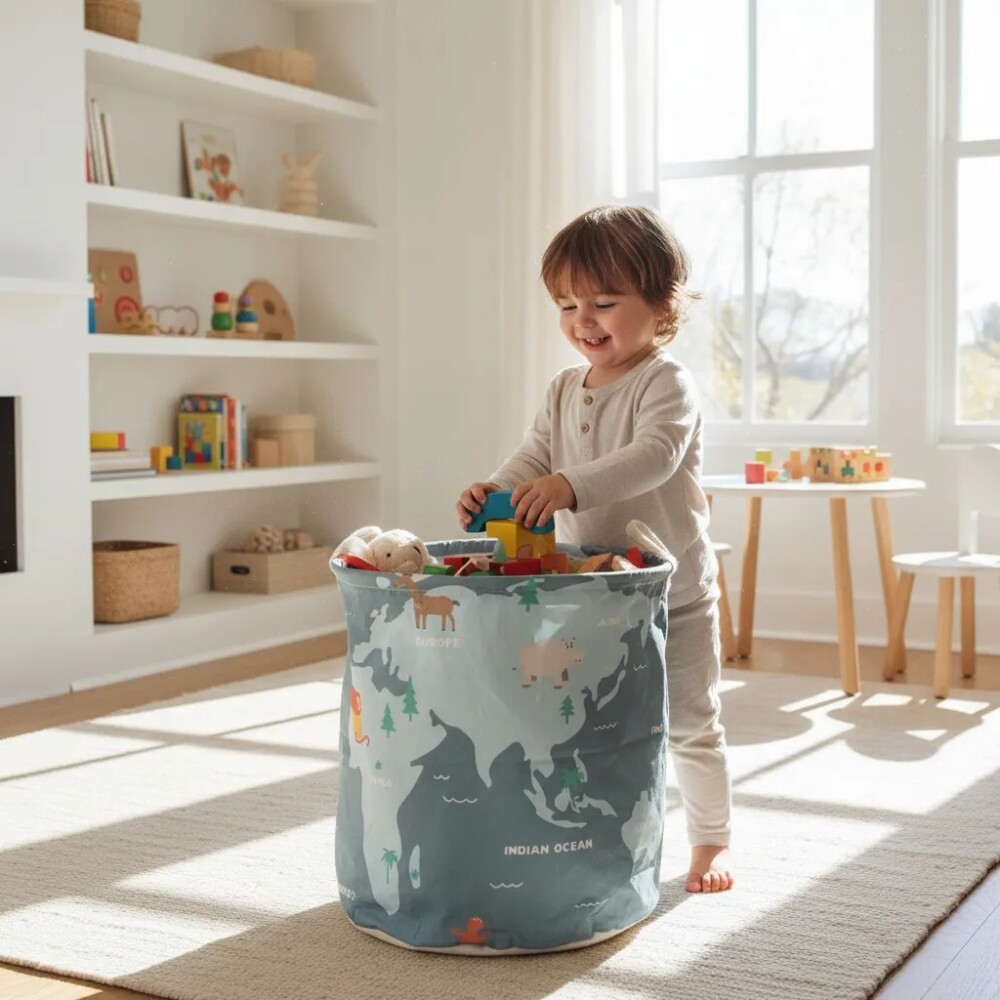 Cesto tela organizador mapa animales azul