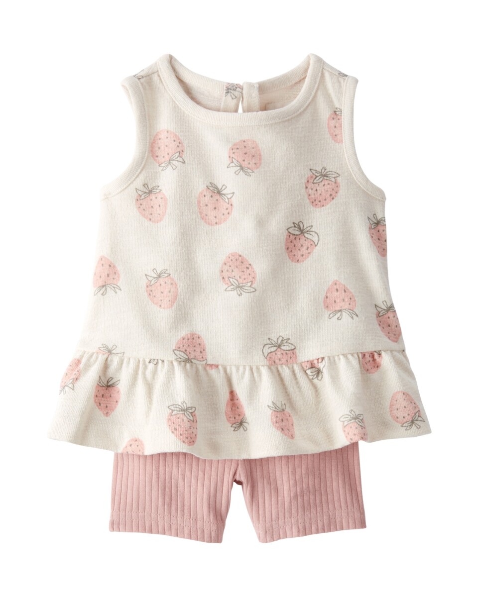 Set dos piezas de algodón orgánico, short y musculosa, diseño frutillas 