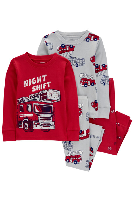 Pijama cuatro piezas de algodón, dos pantalones y dos remeras, diseño bomberos Sin color