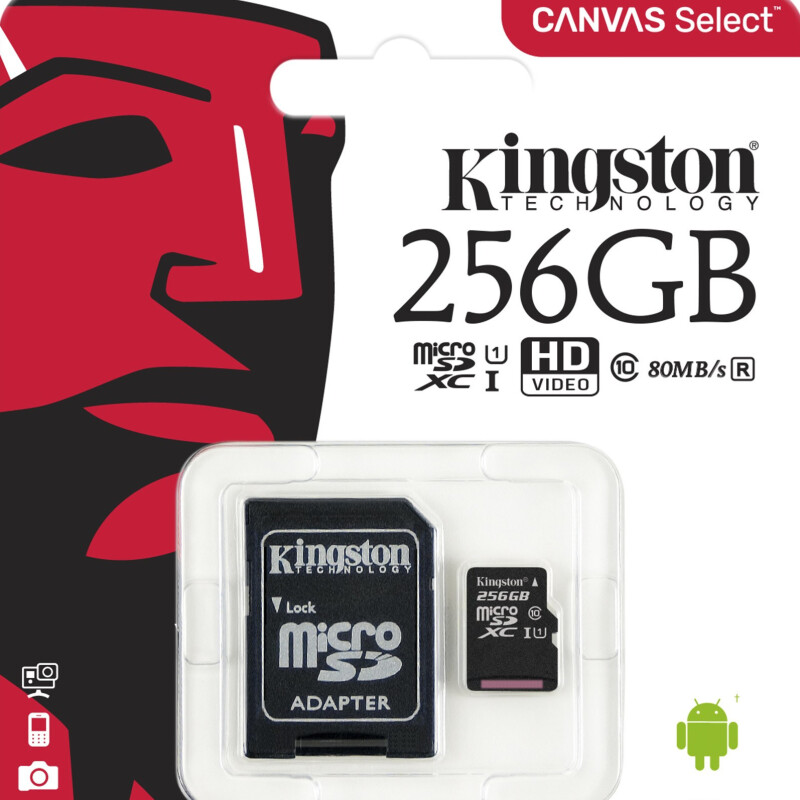 Tarjeta de Memoria MicroSD Clase 10 Canvas Select con Adaptador SD de 256GB Kingston Tarjeta de Memoria MicroSD Clase 10 Canvas Select con Adaptador SD de 256GB Kingston
