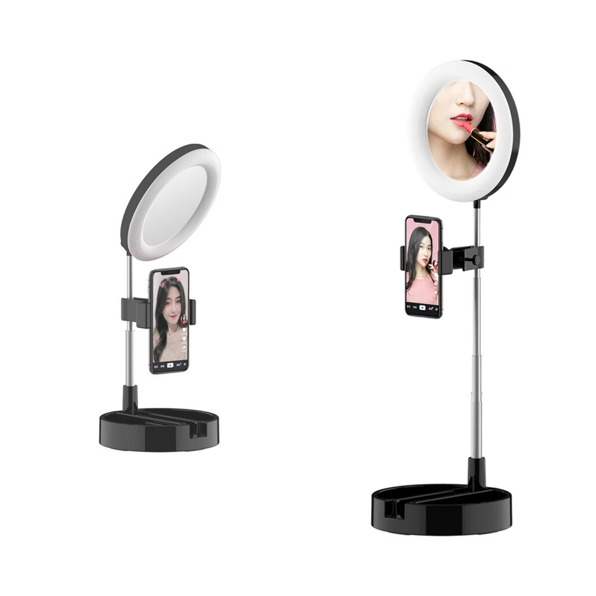 Espejo Con Aro Luz Led Selfie Soporte Celular Maquillaje - Variante Color Negro 