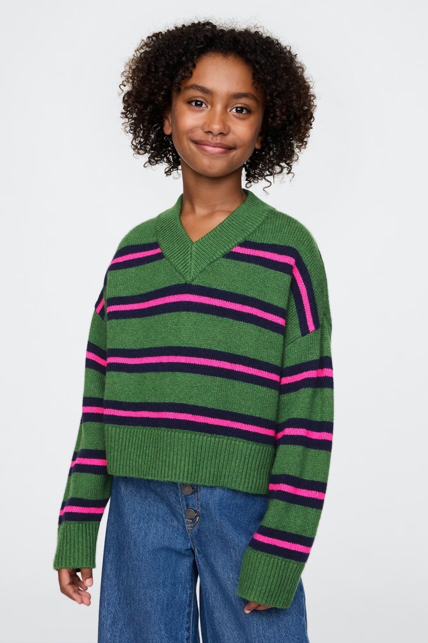 Buzo Cashsoft Cuello V Niña Green Stripe