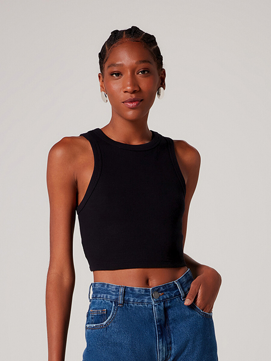 TOP MANGA CORTA EN TELA ACANALADA - NEGRO 