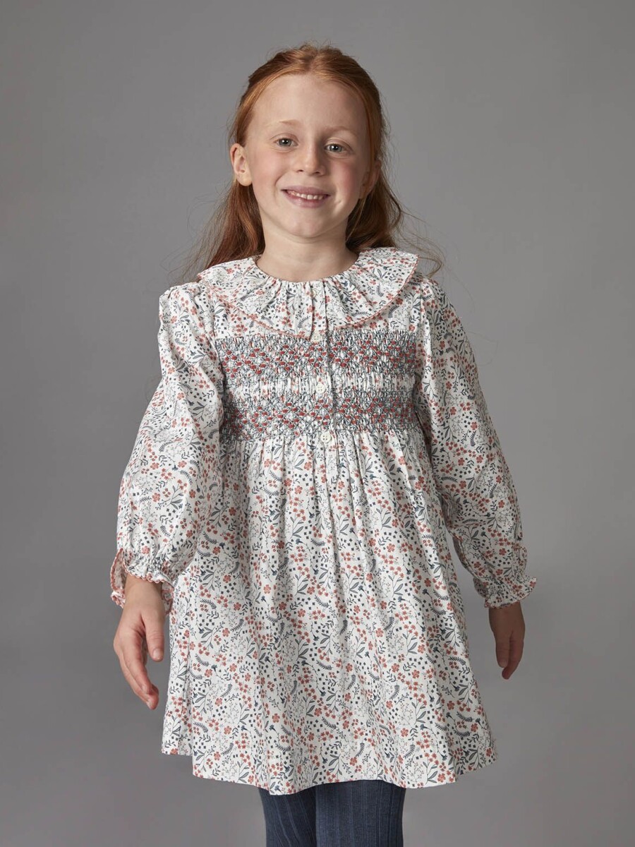 Vestido Smock De Flores Blanco Roto