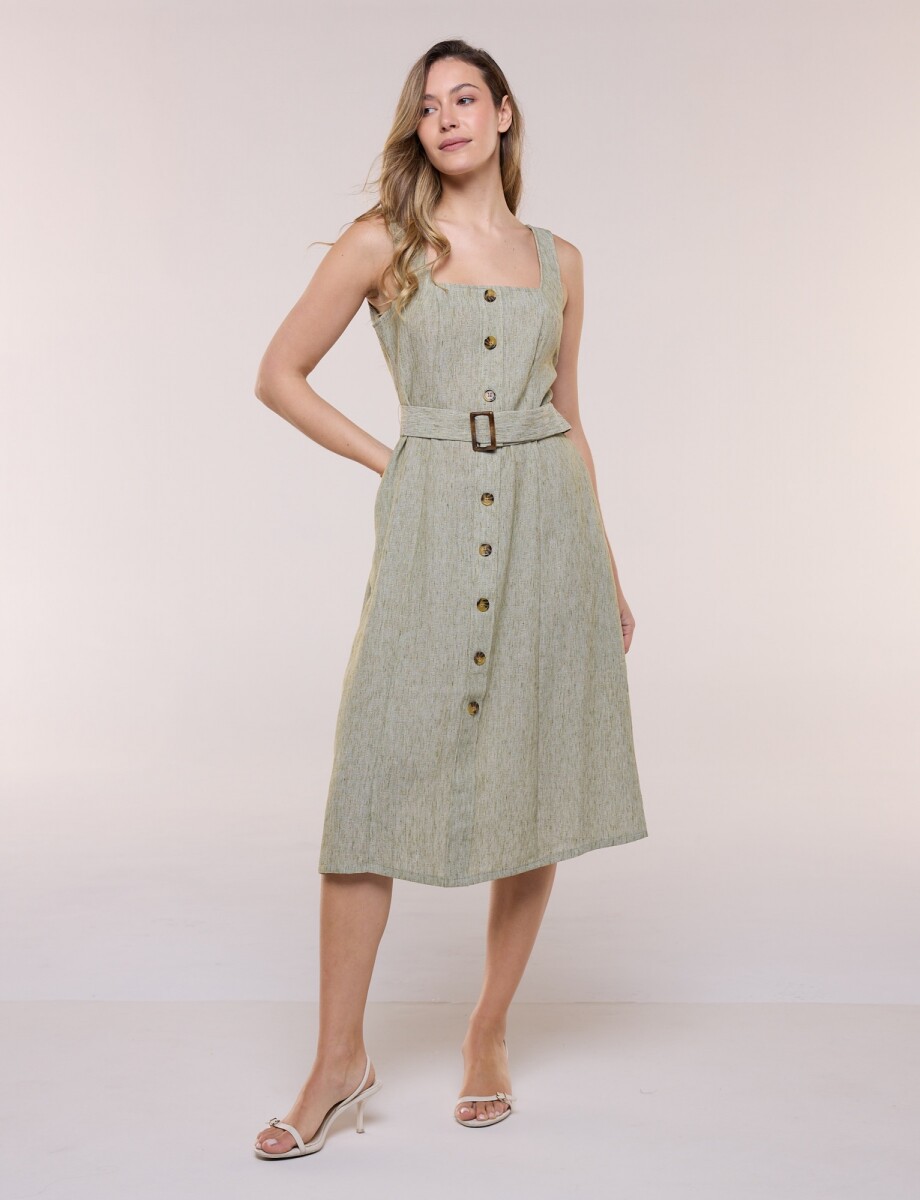 Vestido Midi Camisero Con Cinto - Verde 
