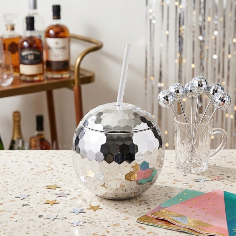 Vaso con sorbito Disco Bola PLATEADO