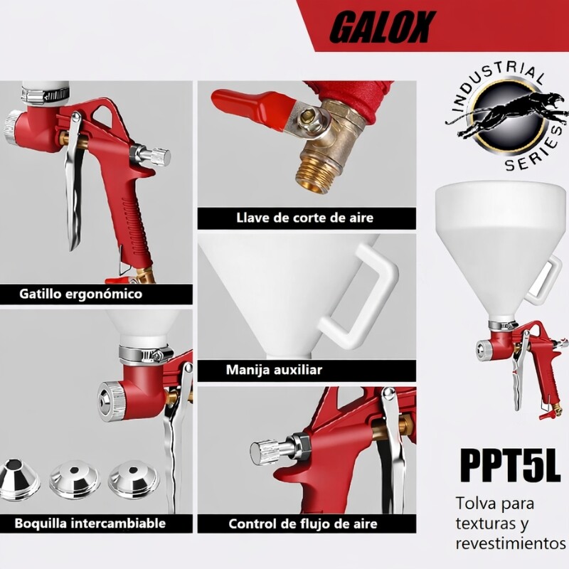 GALOX PISTOLA PARA TEXTURAS PANTHER 5 LITROS TOLVA PLÁSTICA Galox Pistola Para Texturas Panther 5 Litros Tolva Plástica