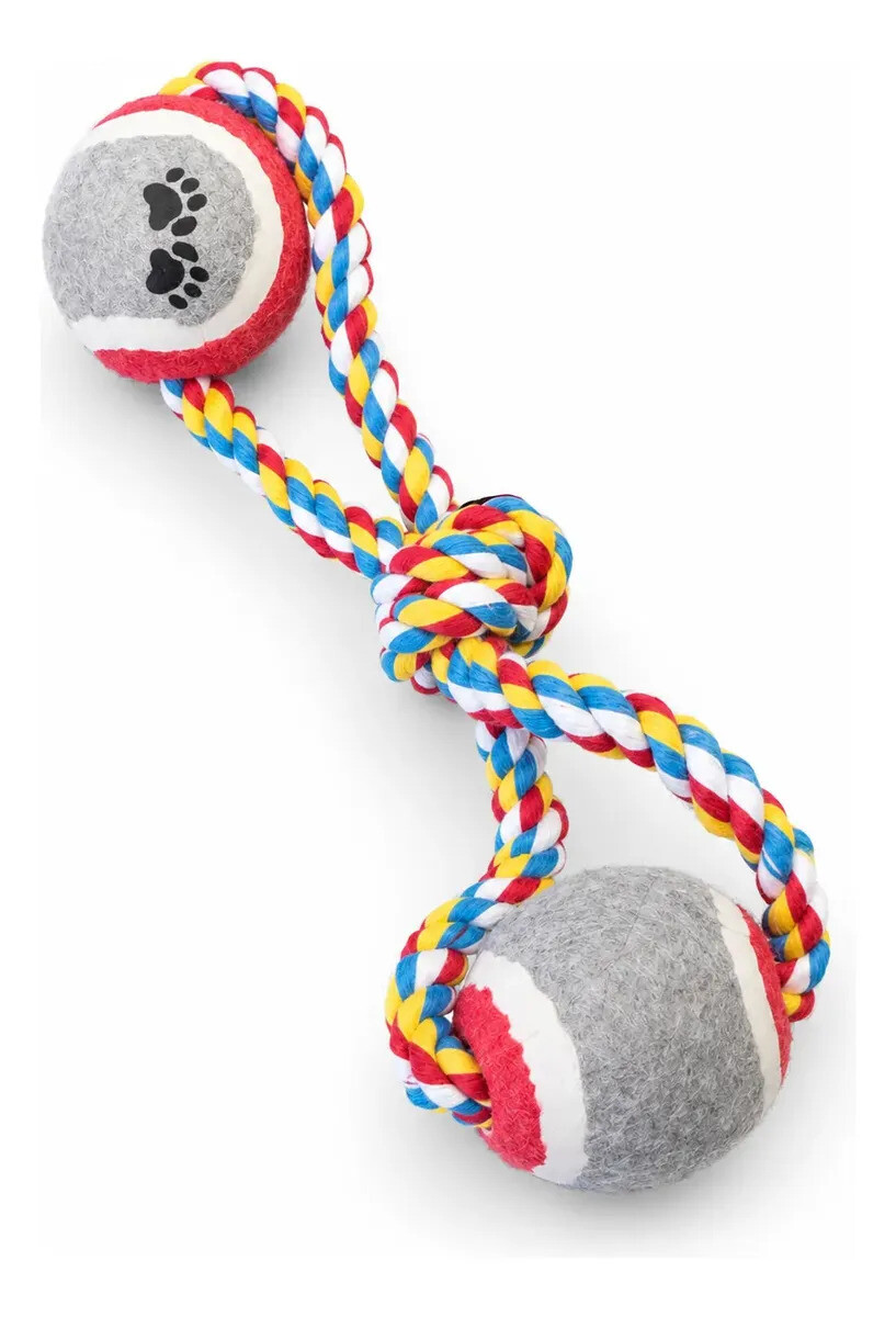 Juguete Para Perro De Cuerda y Dos Pelotas - ROJO 