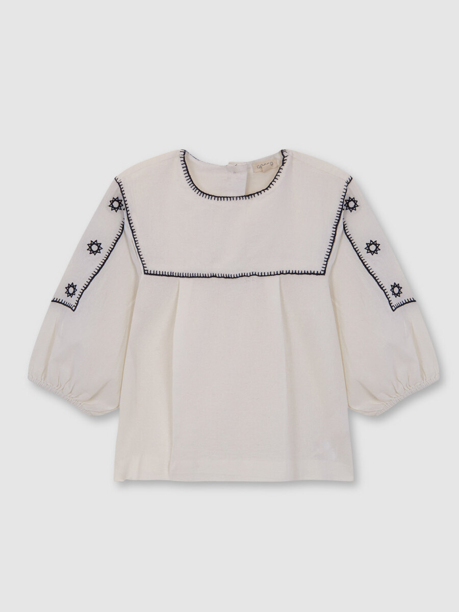 Blusa Manga Tres Cuartos Con Bordados Y Crudo