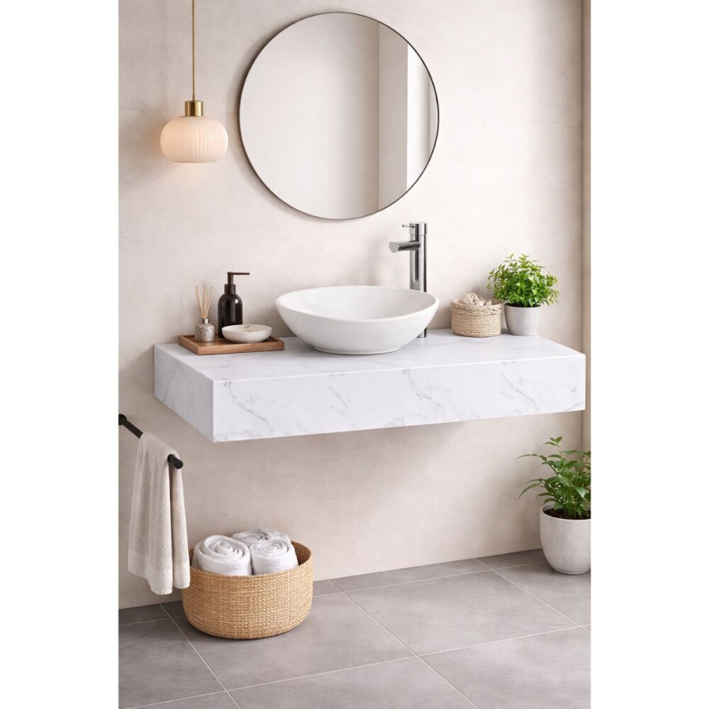 Mesada suspendida en porcelanato PERI 80 Bco Veteado y bacha de loza Mesada Suspendida En Porcelanato Peri 80 Bco Veteado Y Bacha De Loza