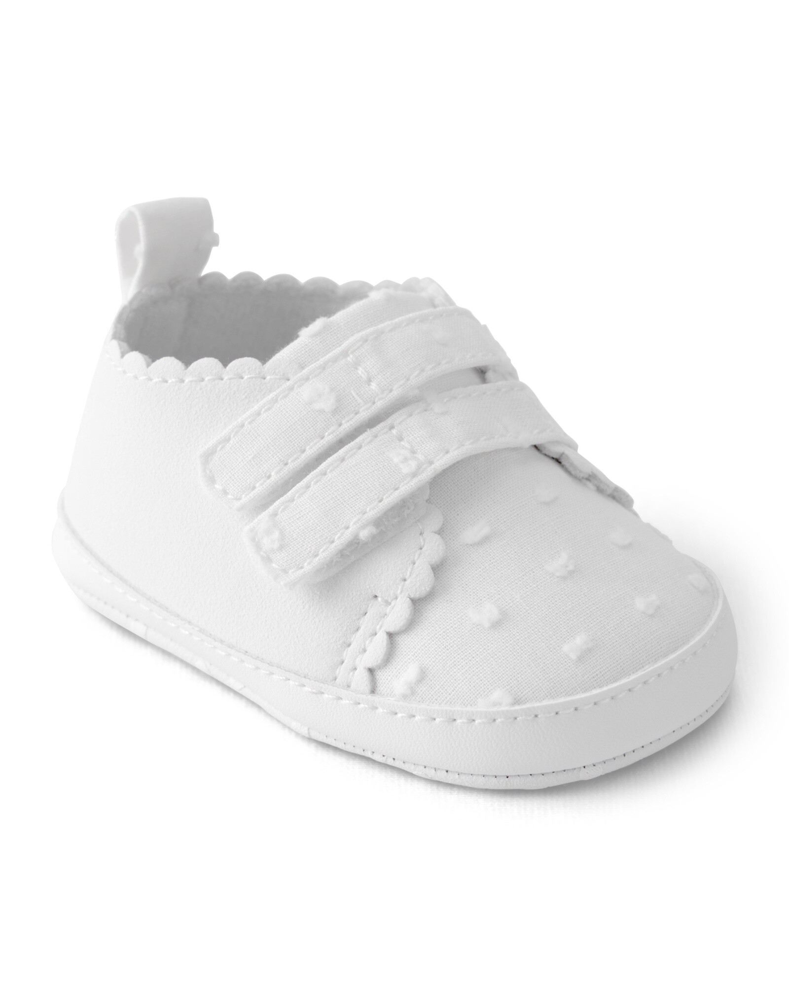 Zapatitos blancos, con velcro, bordes festoneados y lunares bordados Sin color