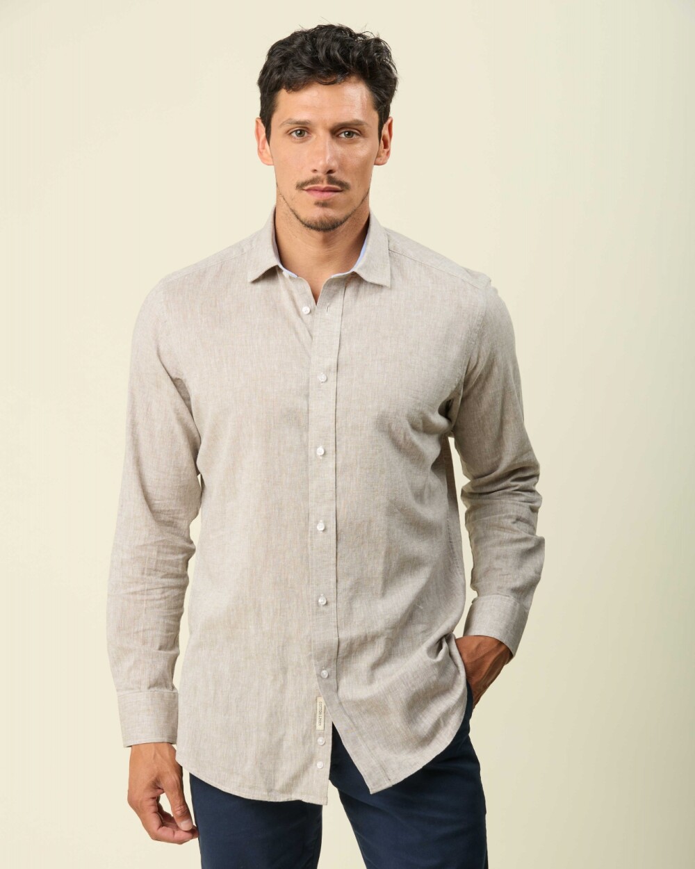 Camisa Lino Algodón Manga Larga Beige