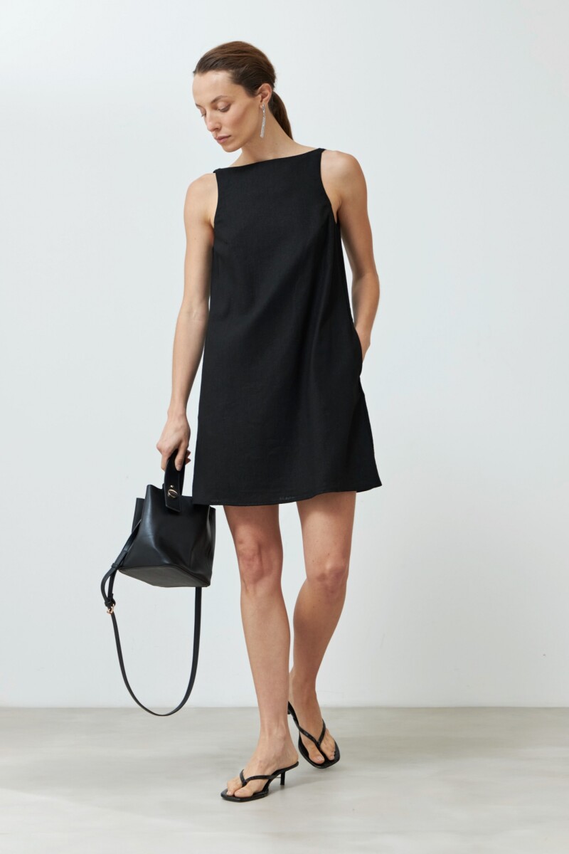 Vestido de lino con bolsillos negro