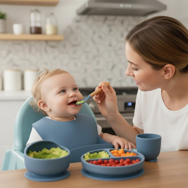 Set Alimentación Bebé Platos Silicona Libre Bpa 10 Piezas Color Azul